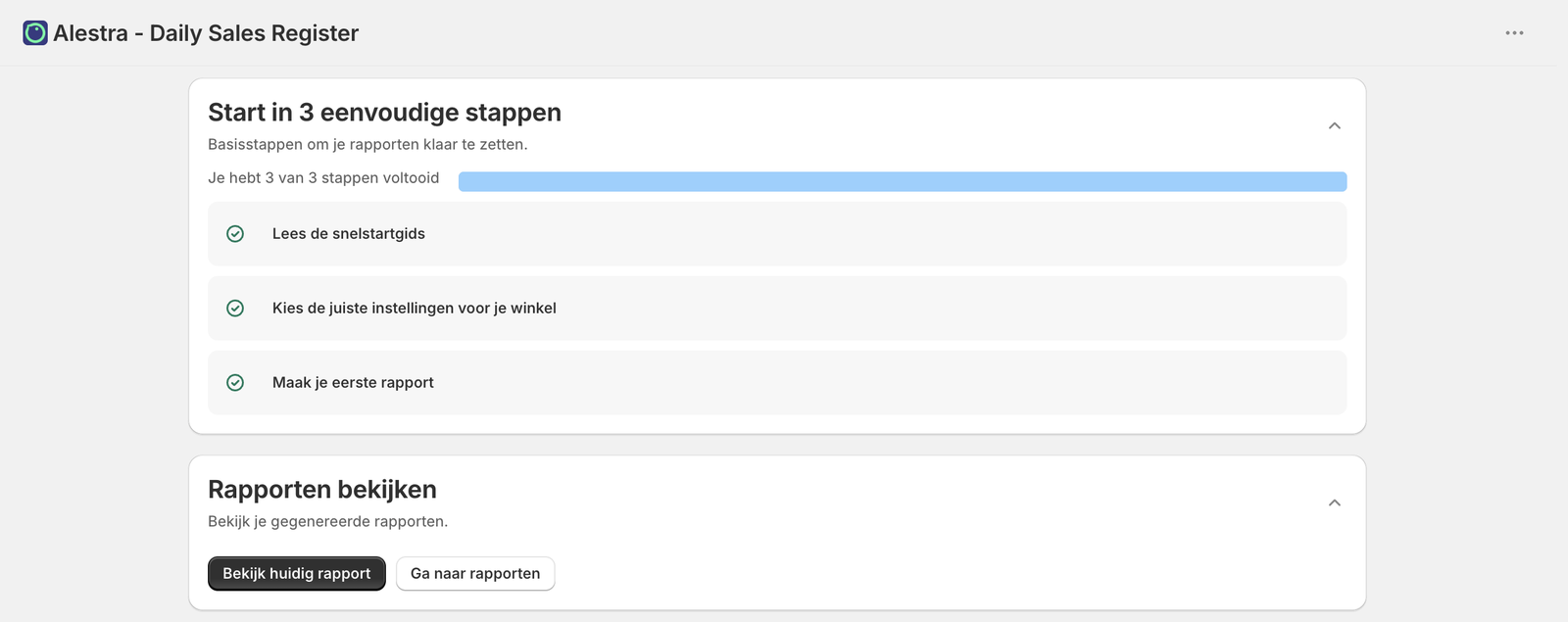 Alestra Dagontvangstenboek dashboard met de onboarding-checklist 'Start in 3 eenvoudige stappen'