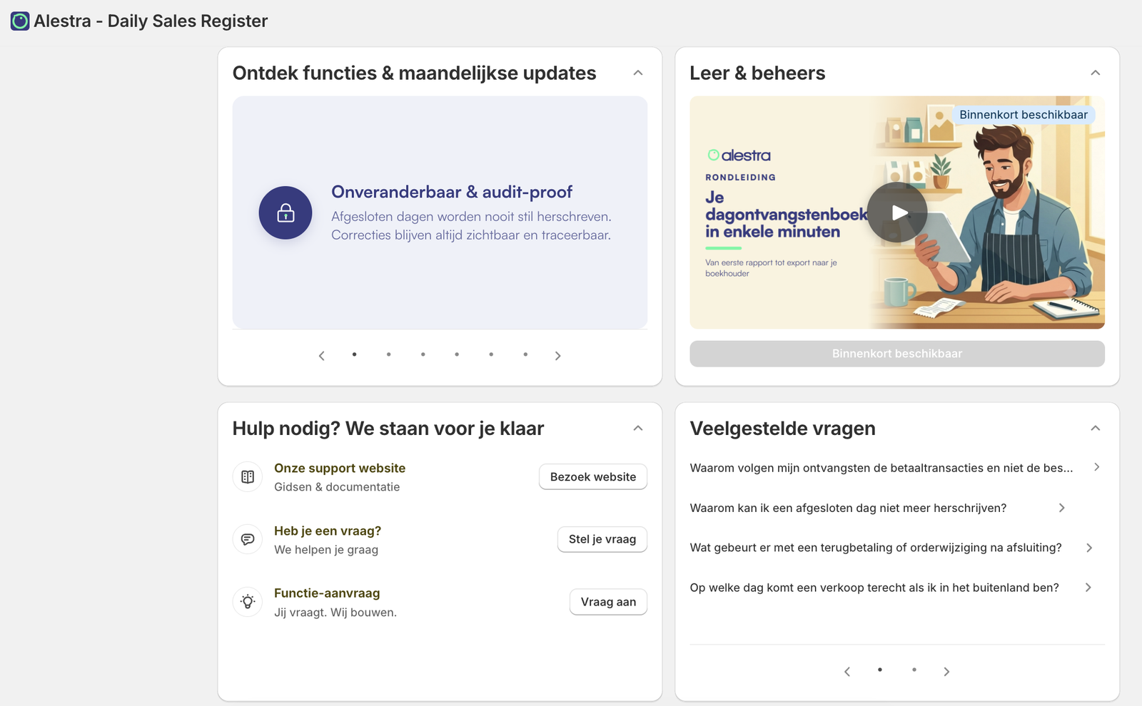Overzicht van het Alestra-dashboard met functies, hulp en veelgestelde vragen