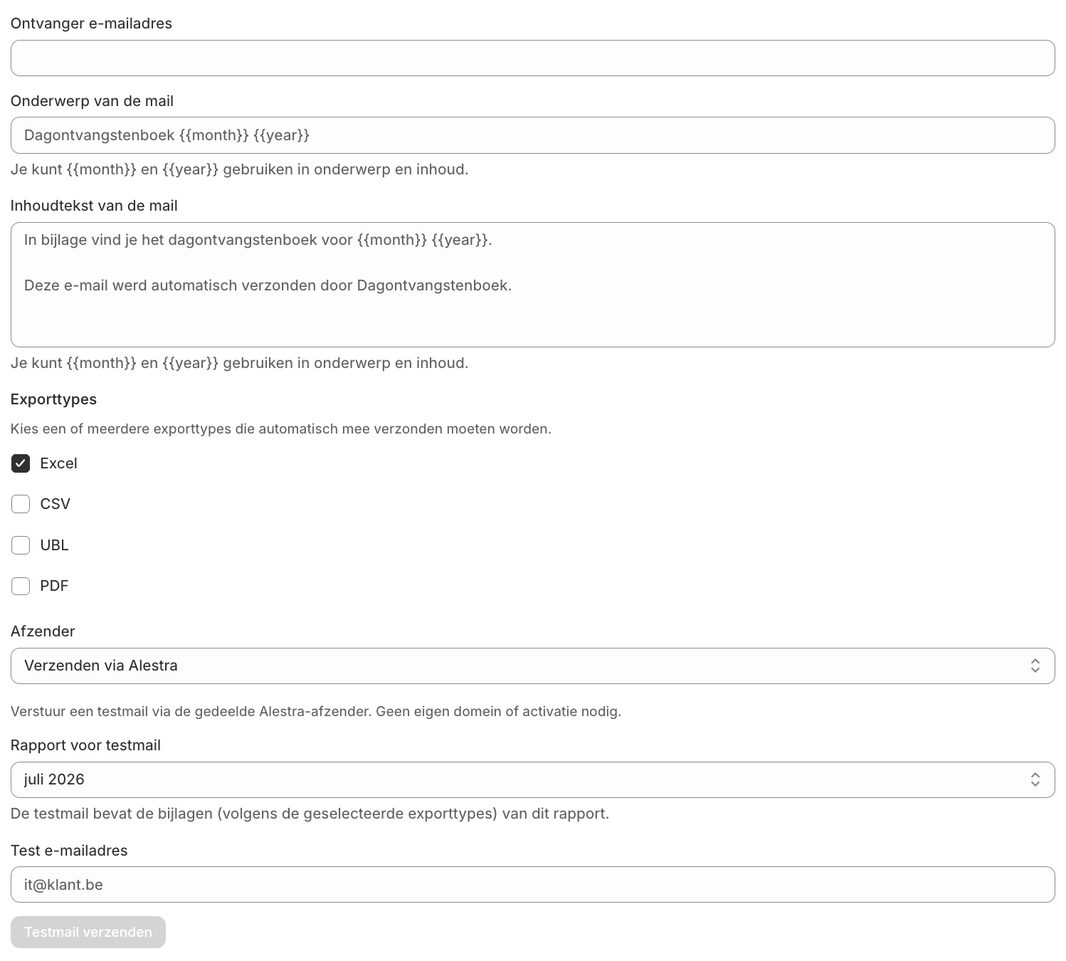 Instellingen voor automatische export via e-mail naar de boekhouder
