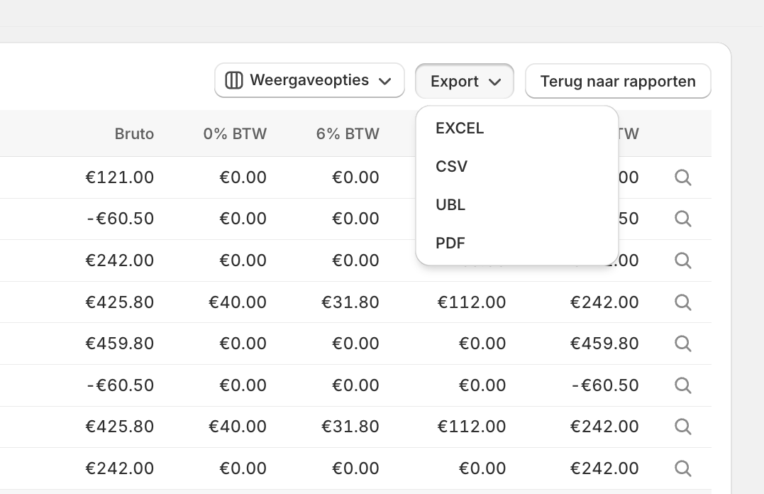 Exportmenu met de opties Excel, CSV, UBL en PDF