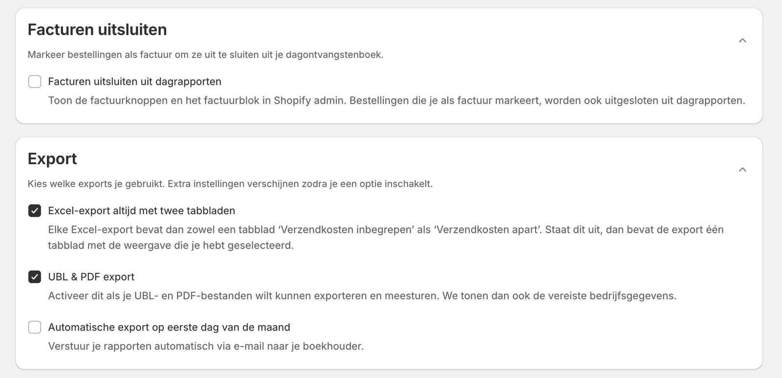 Instellingen voor facturen uitsluiten en exportformaten
