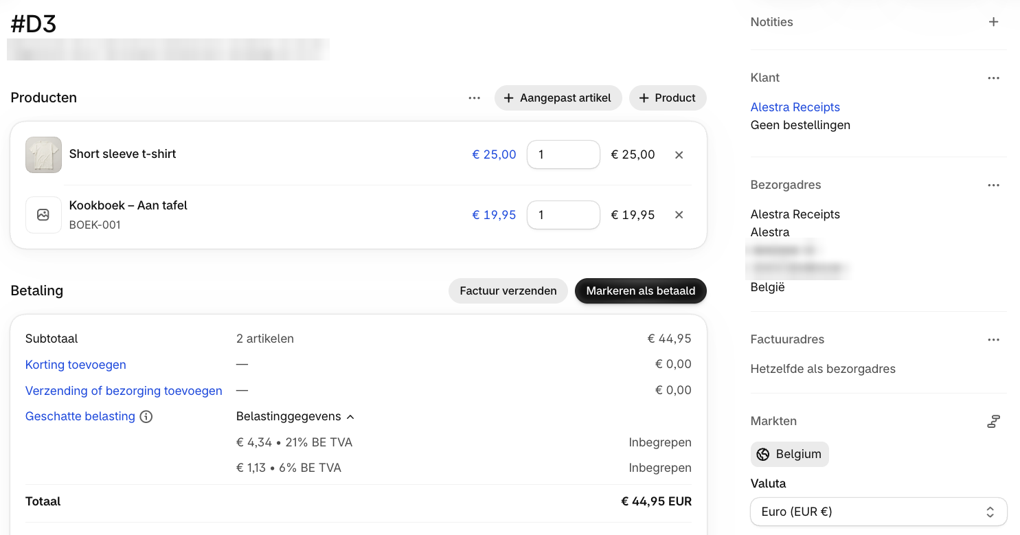 Shopify-bestelling met btw-regels aan 21% en 6%