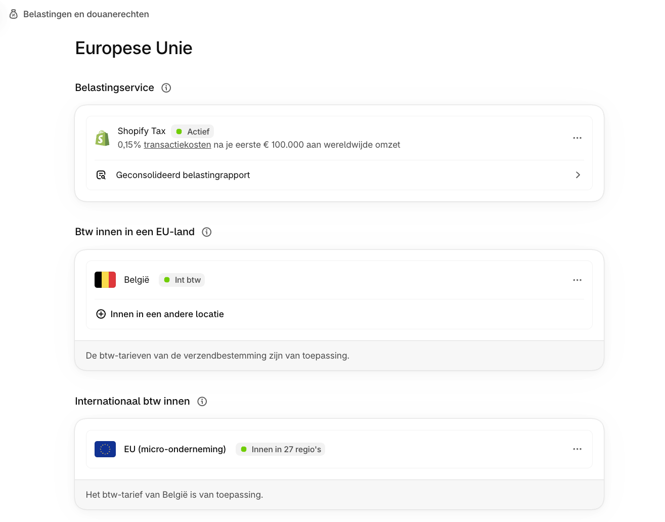 Shopify-instellingen Belastingen en douanerechten met België op Int btw