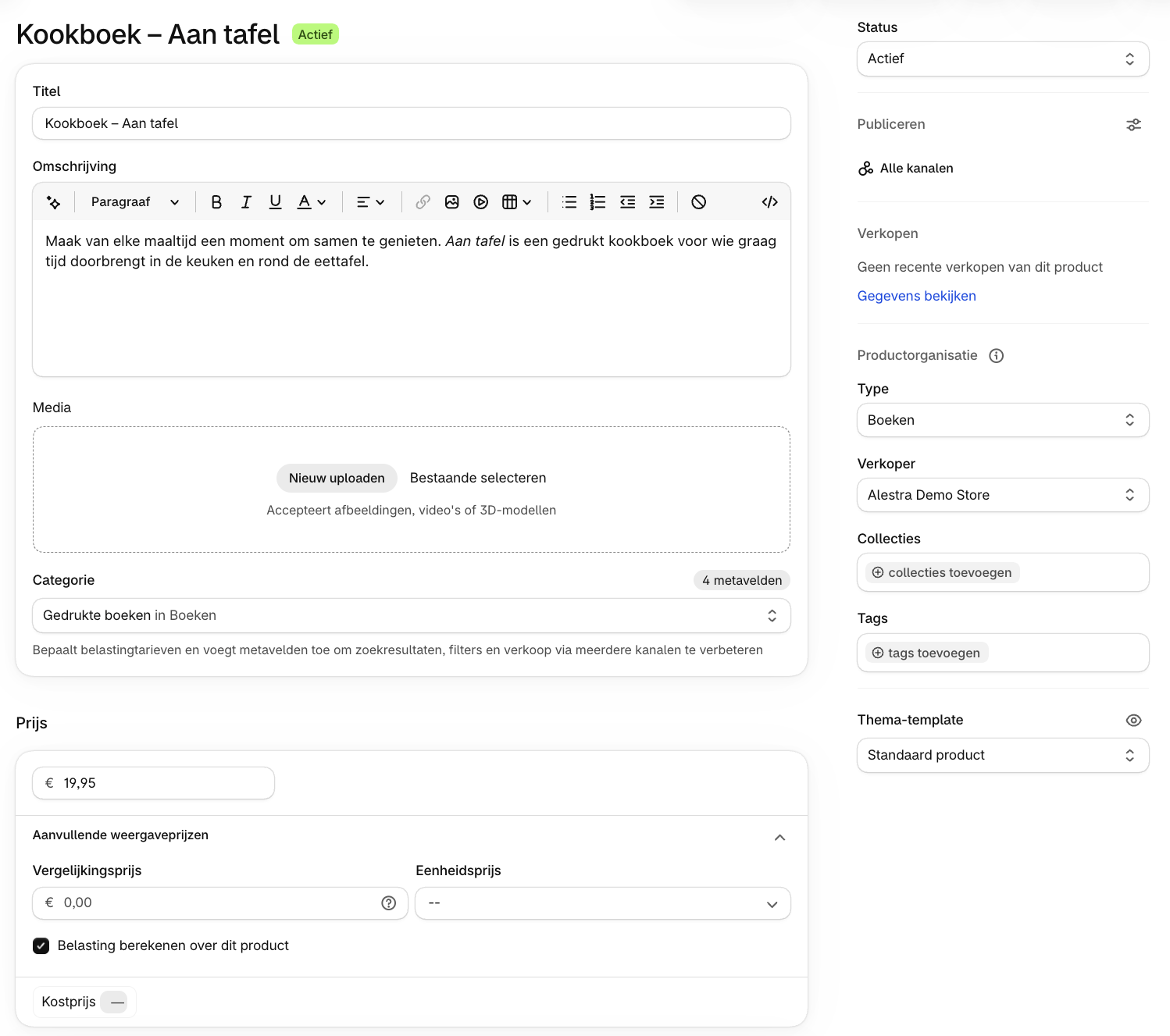Shopify-product met categorie Gedrukte boeken en het vinkje Belasting berekenen over dit product