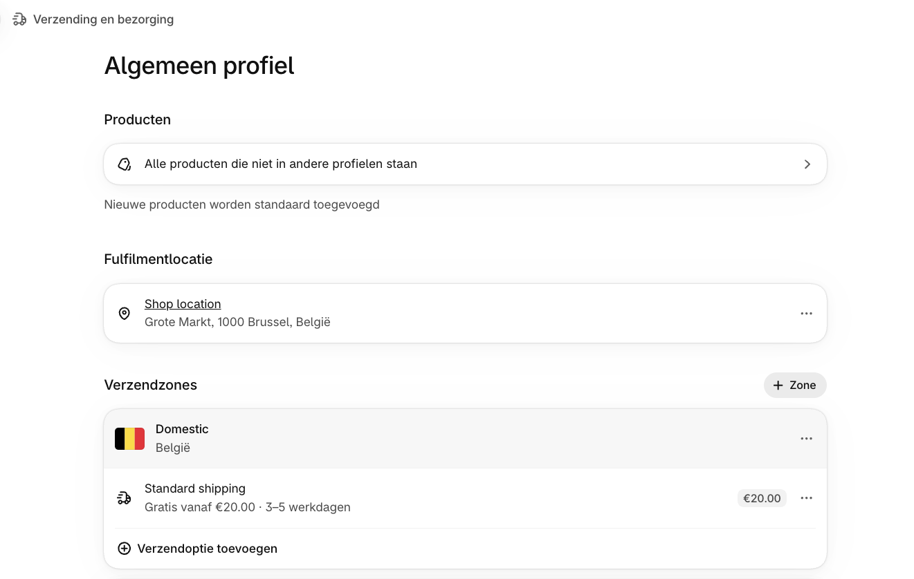 Shopify Verzending en bezorging met de winkellocatie en verzendzone België